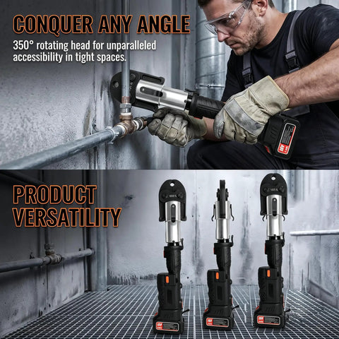 Heavy Duty 18V Electric Pipe Crimper With 60KN Force high carbon steel tool shown in use on pipes in tight spaces.