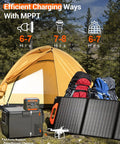 Portable Power Station 299Wh 7 Pound Lightweight Camping Solar Generator With Pure Sine Wave Regulated DC Output next to tent and solar panels