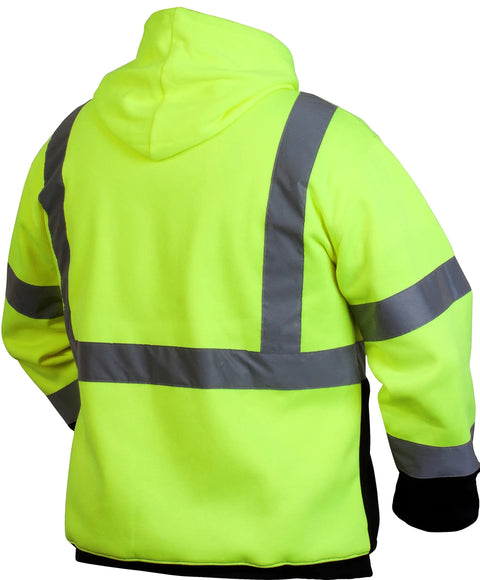 Back view of Hi Vis Lime Safety Pullover Sweatshirt With Black Bottom Hem 2X Large Durable Workwear For Cold Weather Jobsites