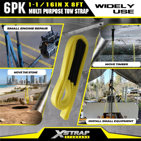 Six Pack 1x8 Lift Sling Straps With Wear Guard Ends, Heavy Duty Polyester Web Slings, 1333 Lb Load Capacity, 4000 Lb Break Strength, Flexible Lightweight Alternative To Chains, 8 ft sling