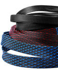 9 Roll 16 Ft Cord Protector Kit With Expandable Braided Cable Sleeves And Heat Shrink Tubes PET Wire Loom in black, red, and blue