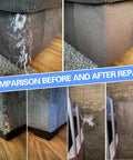 Comparison of sofa corner with self adhesive sofa fabric repair patch kit with 6 microfiber patches for local damage quick fix in gray.