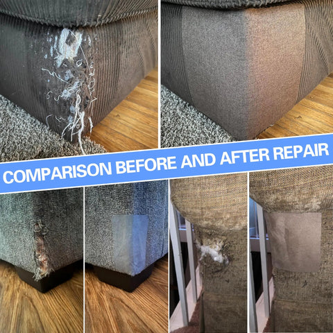 Comparison of sofa corner with self adhesive sofa fabric repair patch kit with 6 microfiber patches for local damage quick fix in gray.