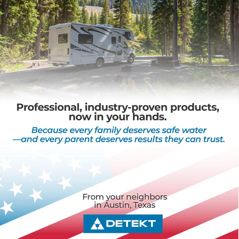 RV in wooded campground setting promoting safe water for families, Hella Reliable RV Freshwater Test Kit Detecting Bacteria And Mold In Your Camper Drinking Water Tanks Quick Five Minute Results Plus Seventy Two Hour Cultures For No Sweat Family Campouts.