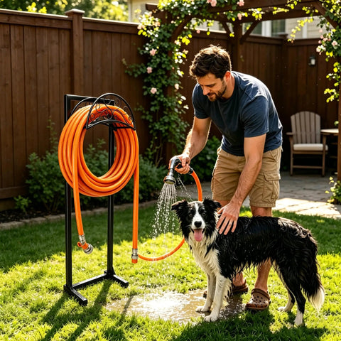 Heavy Duty Stainless Steel Garden Hose Reel With Triangle Reinforcement Brace Built Tough For Outdoor Use Supports Up To 150 Foot Hose Black Weather Resistant in use watering a dog in a backyard