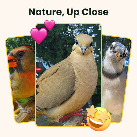 Close-up of birds captured by Smart Solar Powered Bird Feeder With Camera, Slow Motion Video And Night Insight, AI Identifies 6000 Plus Species.