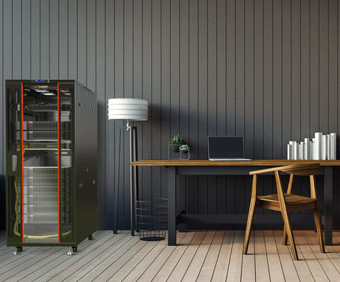 Heavy Duty 42U Floor Standing Server Rack With Locking Glass Door And Built In Cooling Fan in a stylish home office setting.