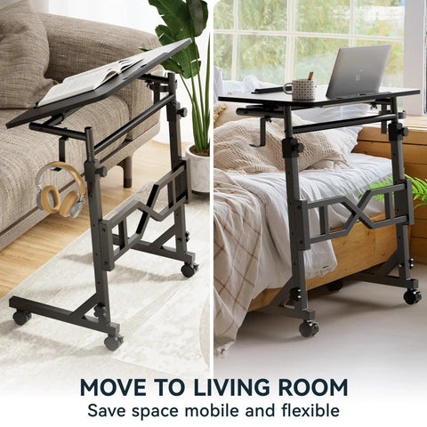 Standing Desk On Wheels For Treadmills With Adjustable Height 29.5 To 45.3 Inches shown beside sofa and bed