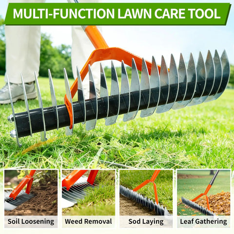 All Purpose Lawn Thatch Rake With 15 Inch Head Beefy 19 Tines 68 Inch Adjustable Handle shown in yard use