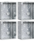 Four Pack 4 Inch Square Electrical Box With 1/2 And 3/4 Inch Knockouts, 2 1/8 Inch Deep Galvanized Steel Junction Box, UL Listed For Lighting Fixtures, Switches, And Receptacles shown stacked