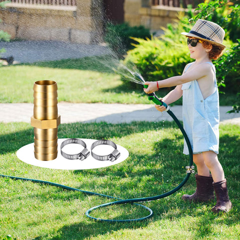 Child using hose with Four Pack One Half Inch Garden Hose Repair Connector Kit With Male And Female Fittings Tape Stainless Steel Clamp And Three Quarters Inch Rubber Gasket For Leak Free DIY Hose Fixes No Mess Quick Fix