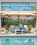13 Foot Outdoor Patio Umbrella With Base Included, Double Sided Fade Resistant Canopy over pool area with seating, beige