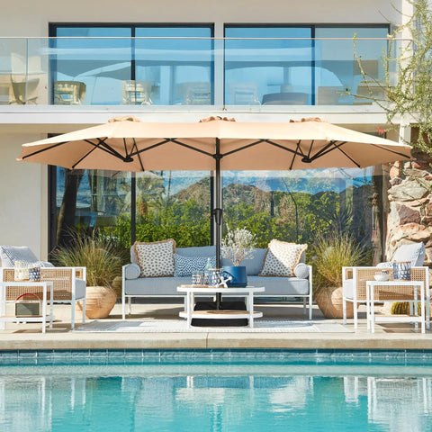 13 Foot Outdoor Patio Umbrella With Base Included, Double Sided Fade Resistant Canopy over pool area with seating, beige