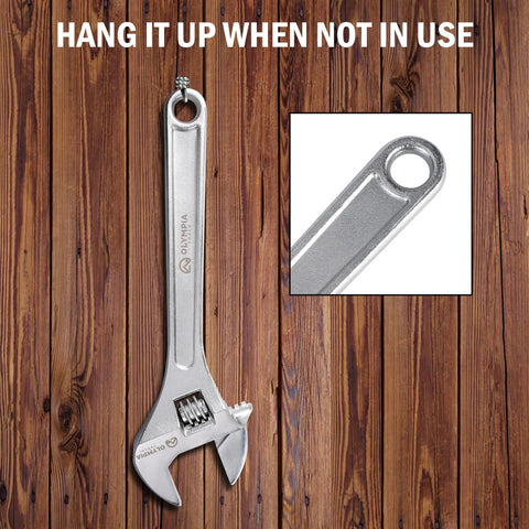 Heavy Duty 15 Inch Adjustable Wrench Built Tough With Drop Forged Steel, Chrome Plated Finish shown hanging on wooden wall.