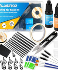 All In One Fishing Pole Repair Kit With Epoxy Glue And Carbon Fiber Tips, includes scissors, tape, sandpaper, and brushes.