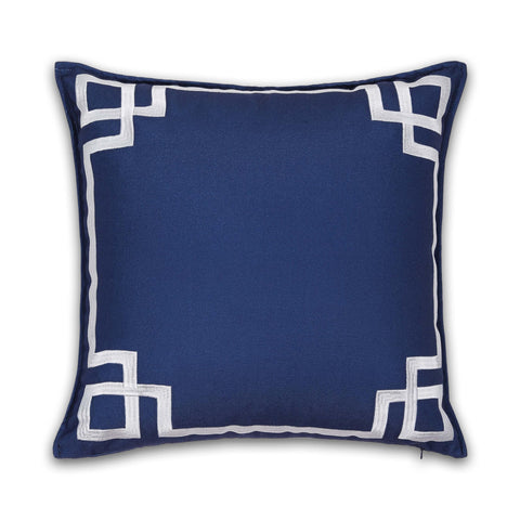 Coastal Navy Throw Pillow Cover 20x20 With White Embroidered Greek Key Frame, Weatherproof Polyester, Indoor Outdoor Cushion