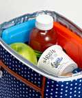 Lunch bag with 4 Pack Slim Ice Packs for Lunch Boxes and Coolers, Quick Freeze, Reusable and Durable, blue and red ice packs visible.