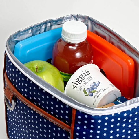 Lunch bag with 4 Pack Slim Ice Packs for Lunch Boxes and Coolers, Quick Freeze, Reusable and Durable, blue and red ice packs visible.