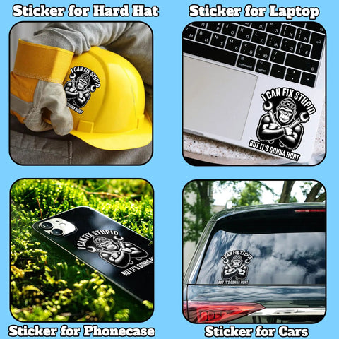 I Can Fix Stupid But It's Gonna Hurt Mechanic Gorilla Wrench Sticker Set for water bottles, skateboards, notebooks, laptops, mugs, phones, cars.