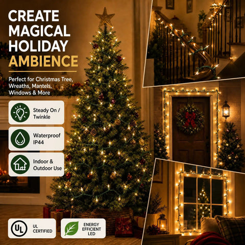 Warm White Incandescent Christmas Lights Outdoor 20ft String With 100 Bulbs Waterproof decorating tree and porch