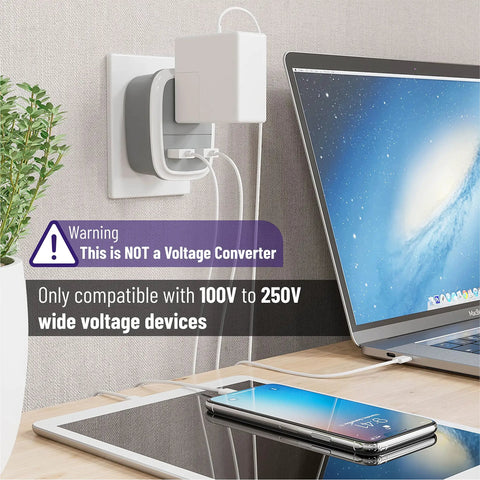 Travel Ready European USB Adapter US To Europe Plug 3 In 1 Power Adapter for Europe with devices plugged in showing compatibility.