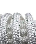 Close-up of durable white braided rope, part of the Deluxe Fiddle Block Kit with Anodized Aluminum UniBody Frame for tree pulling.