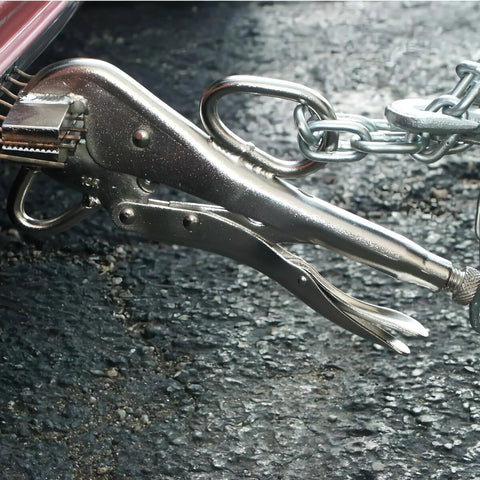 Heavy Duty Locking Pliers For Sheet Metal And Welding Duckbill Style with Large Pull Tabs in use, metal surface