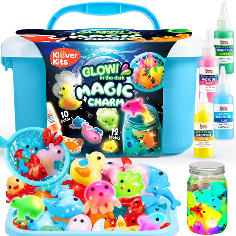 Glow In The Dark Water Gel Kit For Kids With Ten Gels Twelve Sea Creature Molds Preserving Bottle And Sparkle Gels For A DIY STEM Arts And Crafts Fun Toy Set displayed with colorful gels and molds.