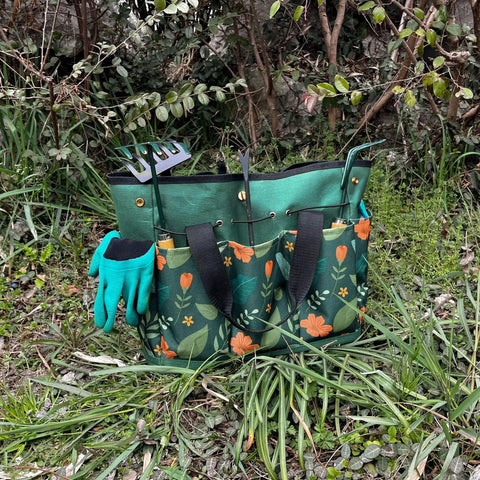 Waterproof garden tool bag with 8 side pockets and big main compartment, durable 600D Oxford tote in green floral pattern.