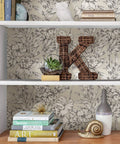 Bookshelf with Grey Cayman Peel And Stick Wallpaper With Tropical Botanical Design Neutral Removable Self Adhesive Wall Covering