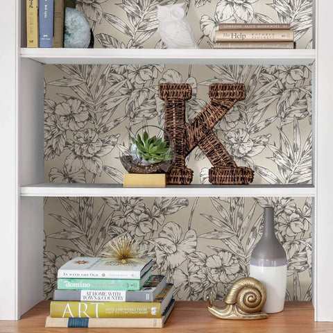 Bookshelf with Grey Cayman Peel And Stick Wallpaper With Tropical Botanical Design Neutral Removable Self Adhesive Wall Covering