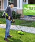 Man using Heavy Duty Cordless String Trimmer With Brushless Motor 16 Inch Weed Whacker on grassy lawn with variable speed trigger.