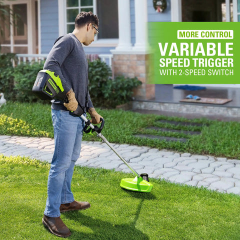 Man using Heavy Duty Cordless String Trimmer With Brushless Motor 16 Inch Weed Whacker on grassy lawn with variable speed trigger.