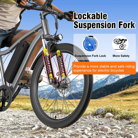 26 Inch Commuter Electric Bike For Adults With 5 Level Pedal Assist And 7 Speed Gears, Top Speed 25 MPH, 720W Motor, 375Wh Battery, 50 Mile Range, Lockable Suspension Fork, Lightweight City Cruiser Ebike front wheel and lockable suspension fork shown