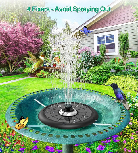 Powerful 5W Solar Powered Water Fountain For Bird Bath With All Glass Panel Colorful Light Show 7 Nozzles Anti Drift Fixer 2000mAh Battery Upgraded High Flow Outdoor Decor That Delivers Kickass Spray installed in garden bird bath with colorful flowers and birds