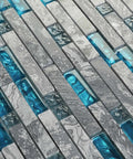 Close-up of Dope Teal Blue Crystal Glass And Gray Marble Mosaic Tile Interlocking Sheets For Bathroom Walls Kitchen Backsplash And Fireplace Decor 12x12 Inch Mesh Backed Glass Stone Tile Set Durable Moisture Resistant Finish 5 Sq Ft