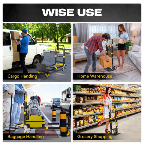 3 In 1 Convertible Hand Truck Dolly With Adjustable Handle Expandable Base And Collapsible Cart Converts Between Two Wheel Upright And Four Wheel Dolly 600 Lbs Capacity Heavy Duty Built To Haul Yellow Two Pack for cargo, home, baggage, grocery use