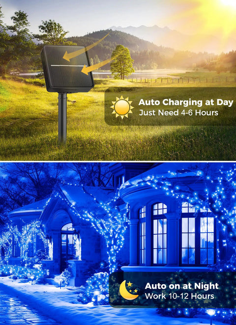 Solar panel charging by day, house decorated with blue LED lights at night, for Shatterproof S14 LED String Lights 48Ft Waterproof Patio Lights.