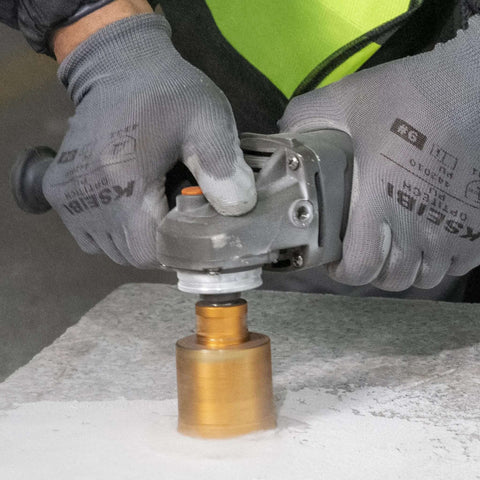 Diamond hole saw core drill bit, side view, 1-3/8 in (35 mm), vacuum-brazed, 5/8-11 thread, angle grinder.