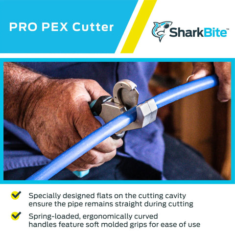 Pro-Grade PEX Cutter With Precision V-Blade cutting blue tubing held by hands, showing tool usage for clean flat cuts.