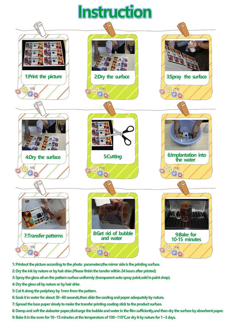 Instruction guide for using White Inkjet Waterslide Decal Paper A4 Sheets 20 Count DIY Printable Water Slide Transfers.