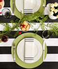 Cabana Stripe Outdoor Zippered Tabletop Cover 60 by 84 Inches Stain Resistant and Waterproof Machine Washable Easy Care for Patio Tables That Seat 6 to 8 Black with decorative table setting.