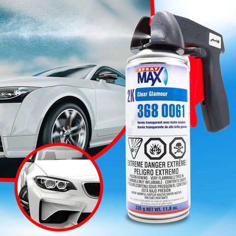 Spray Max 2K clear coat aerosol can with bundled Moshify trigger for automotive paint jobs.