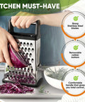 Extra Large Four Sided Stainless Steel Box Grater For Parmesan, Vegetables And Ginger, Dishwasher Safe, easy grating action
