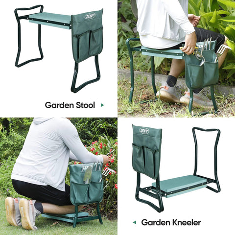 Folding Garden Kneeler Seat With Thick Foam Kneeling Pad Portable Garden Bench Stool with tools pouch, steel construction.