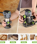 Compact Router Combo Kit With Fixed Base And Plunge, 6.5 Amp Power, demonstration of trimming and slotting on wood