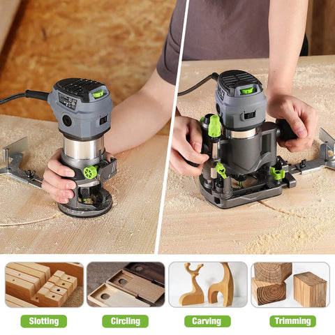 Compact Router Combo Kit With Fixed Base And Plunge, 6.5 Amp Power, demonstration of trimming and slotting on wood