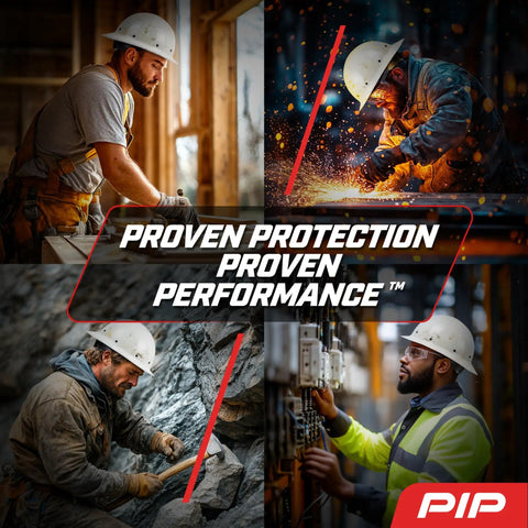 Workers wearing Fiberglass Full Brim Hard Hat Pro Grade With Wheel Ratchet 8 Point Suspension in various construction settings
