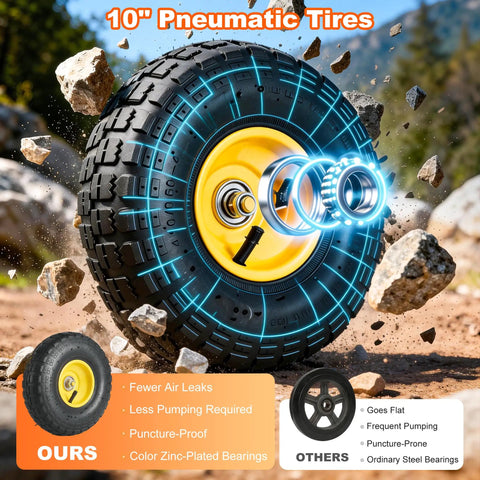 10-inch pneumatic tire of Rugged 500 Lb Capacity Heavy Duty Garden Cart With Steel Frame Adjustable Rotating Handle 10 In All Terrain Tires Removable Mesh Sides Utility Wagon For Yard And Backyard Hauling showing fewer air leaks and color zinc-plated bearings