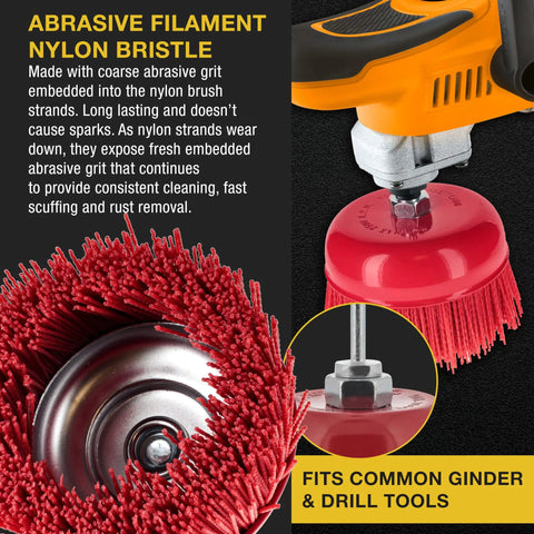 Six Inch Abrasive Filament Nylon Cup Brush with Five Eighth Inch Thread and One Quarter Inch Hex Drill Shank Arbor Coarse Grit